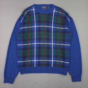 Gulf Traders Sweater Mens Large Blue Plaid Knit Crewneck Pullover Classic Preppy
